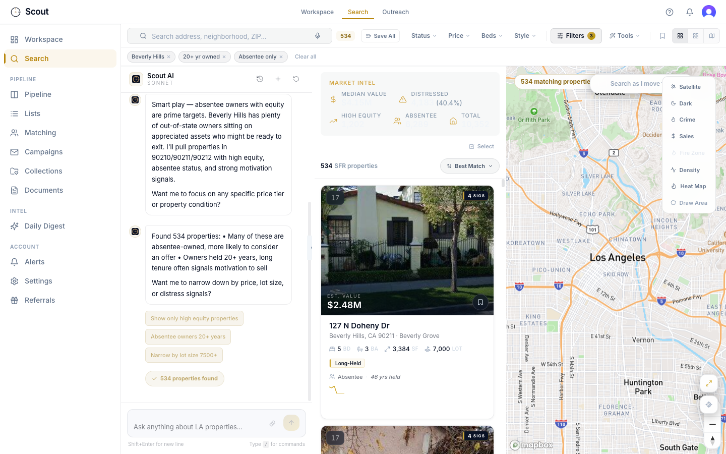Scout AI search in Beverly Hills — 360 matching properties with live map and AI analysis