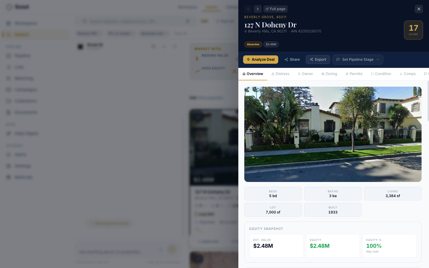 Scout property overlay for a Beverly Hills property — motivation score 86, detailed owner and market intelligence in one panel